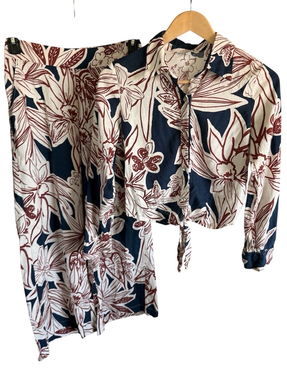 Rachel Zoe Linen Floral Tie-Front Blouse Navy Cream Flower Wide Leg Pants Set, S